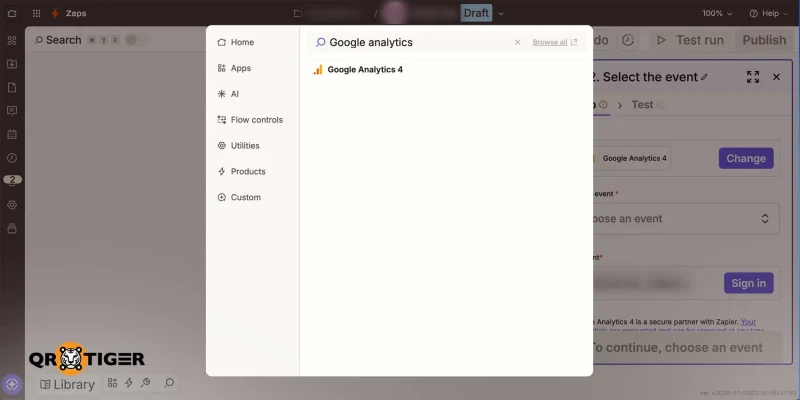 Google Analytics 4 Zapier action selection Zapier app search for Google Analytics 4