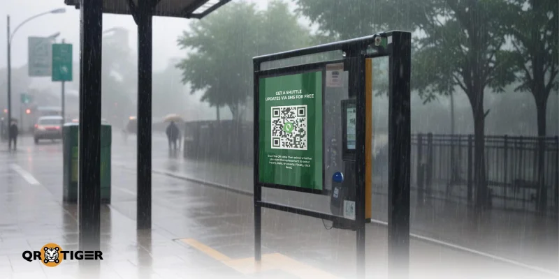Waterproof QR code poster on rainy bus shelter