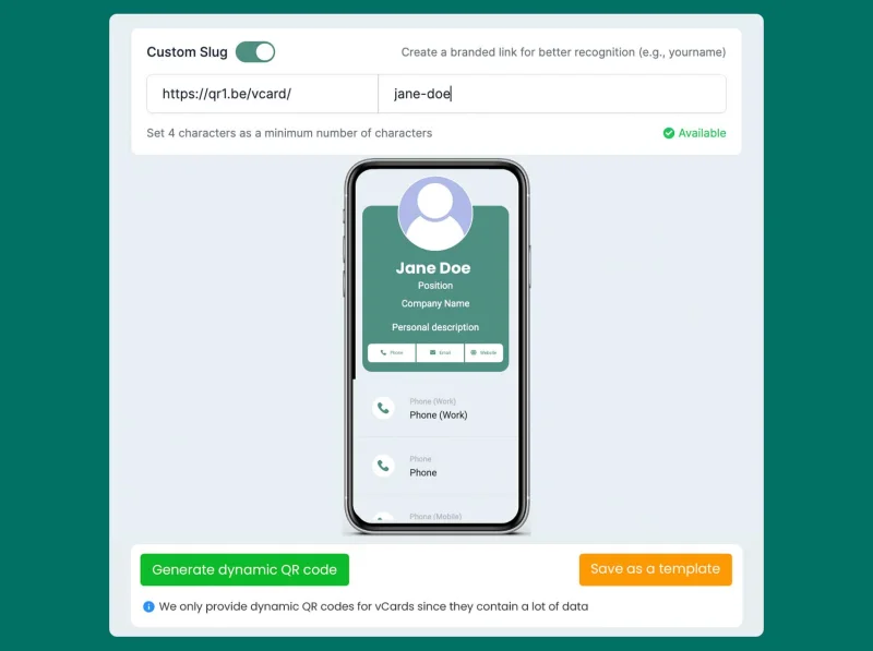 Add vCard custom slug and generate code vCard custom slug URL toggle