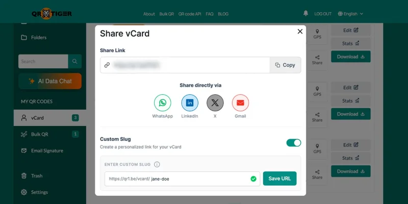 Add custom slug and save URL Share vCard custom slug input panel