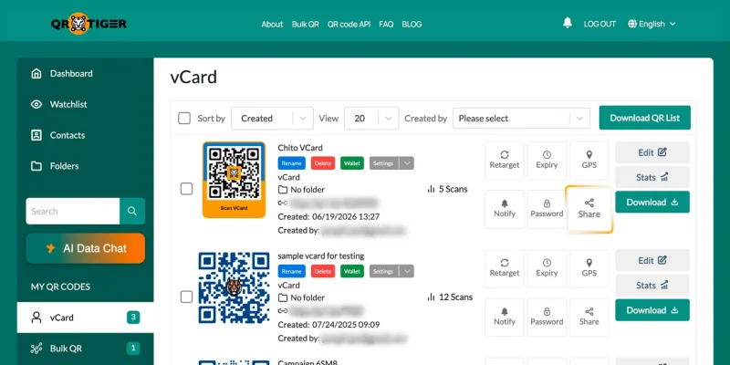Click share on your existing vCard vCard list with share button highlighted