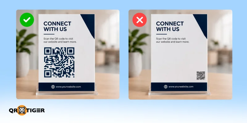 QR code size for scanning distance Countertop card with properly sized versus tiny QR