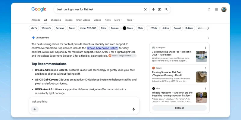 Google AI overview product discovery Google AI overview search results showing shoe recommendations