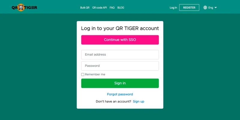 Log in to QR TIGER Enterprise account QR TIGER vCard Enterprise account login page