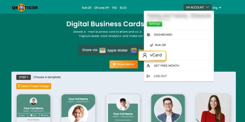 Open vCard list from dashboard menu QR TIGER dashboard vCard menu navigation