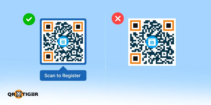 Add a clear QR code CTA QR code with Scan to Register versus bare