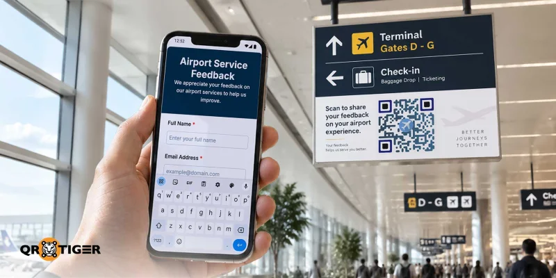 A feedback QR code displayed on an airport overhead sign and a smartphone showing an airport service survey
