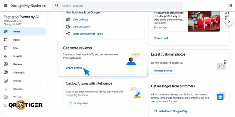 Google My Business Review settings Share profile button under the get more reviews section in the Google My Business dashboard