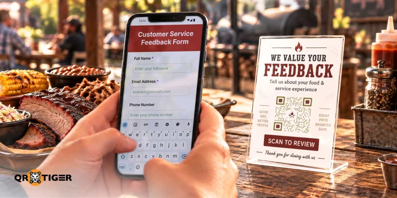 A customer feedback QR code displayed on a restaurant table sign and a smartphone showing a feedback form