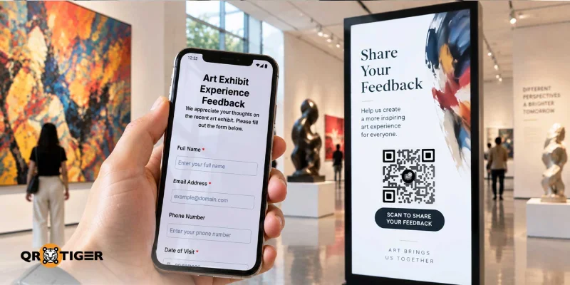 A feedback QR code displayed on a gallery stand and a digital feedback form on the smartphone