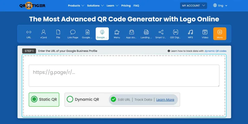 QR TIGER QR Code Generator interface Google Business review link pasted on the QR TIGER QR Code Generator