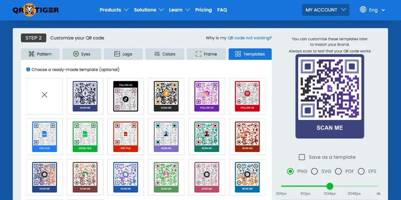Customization menu for QR code templates and styles