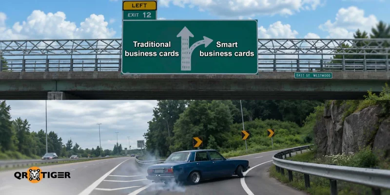 Highway exit meme comparing traditional business cards with smart ones using QR codes