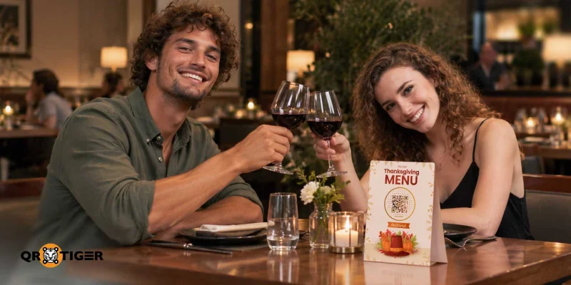 A couple toasting at a restaurant table featuring a Thanksgiving QR code menu display