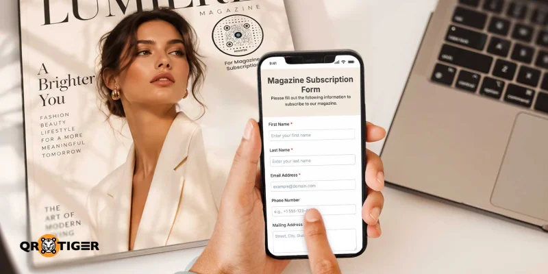 Mobile phone scanning a magazine Google Form QR code to open a digital subscription form
