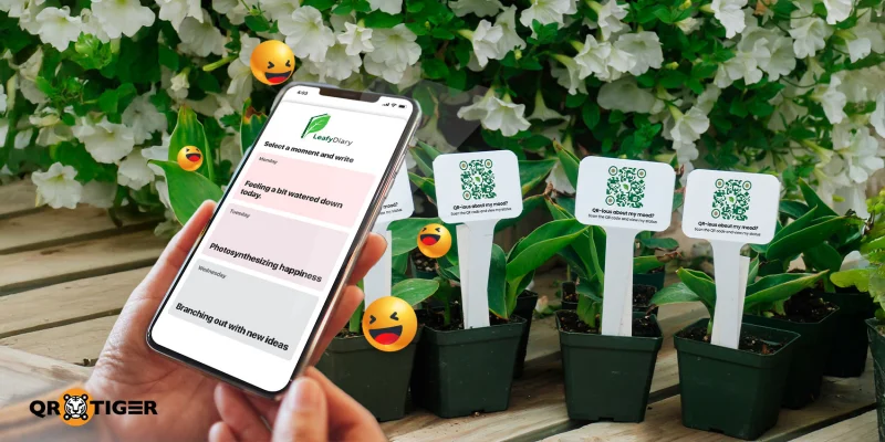 Plant labels with QR codes that users can scan to view playful mood updates and messages