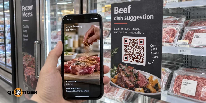 A smartphone scanning a QR Code to view recipe videos in a grocery store